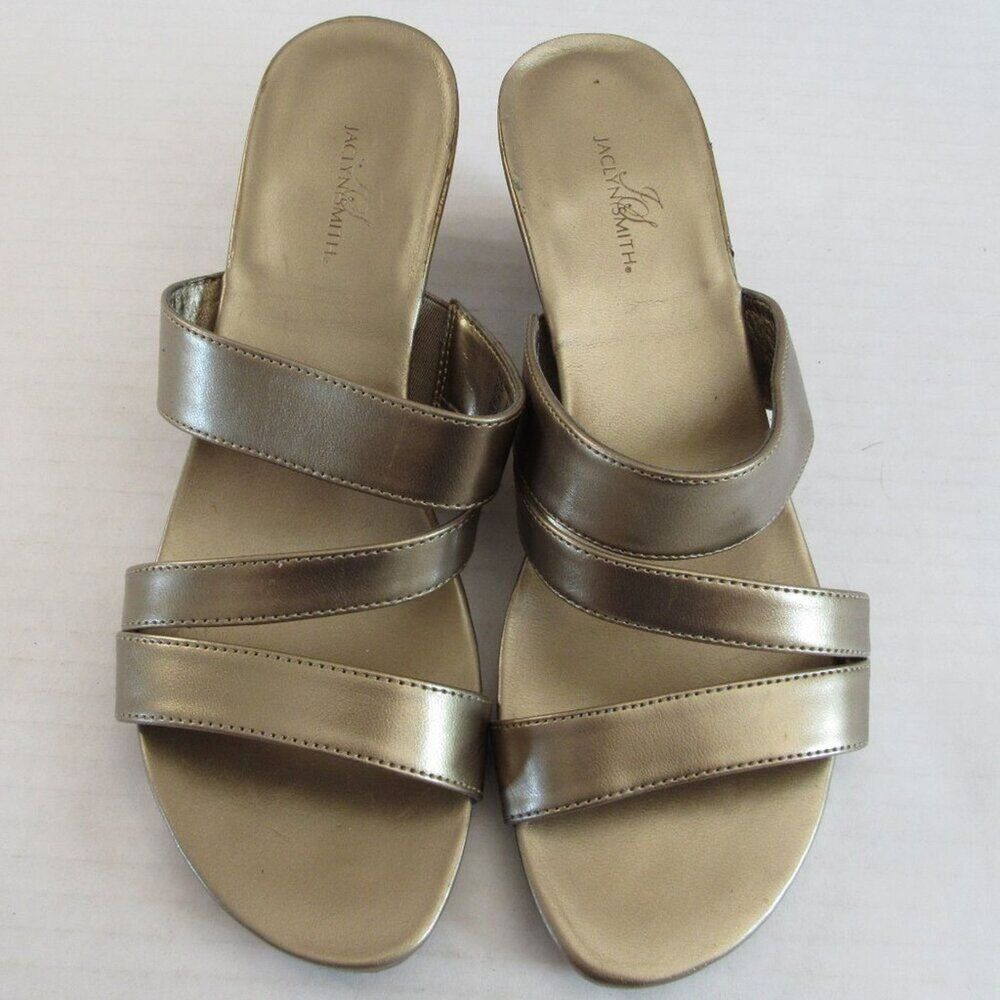 Jaclyn Smith Gold Strappy Slip On Open Toe Wedge Sandals Size 6.5M